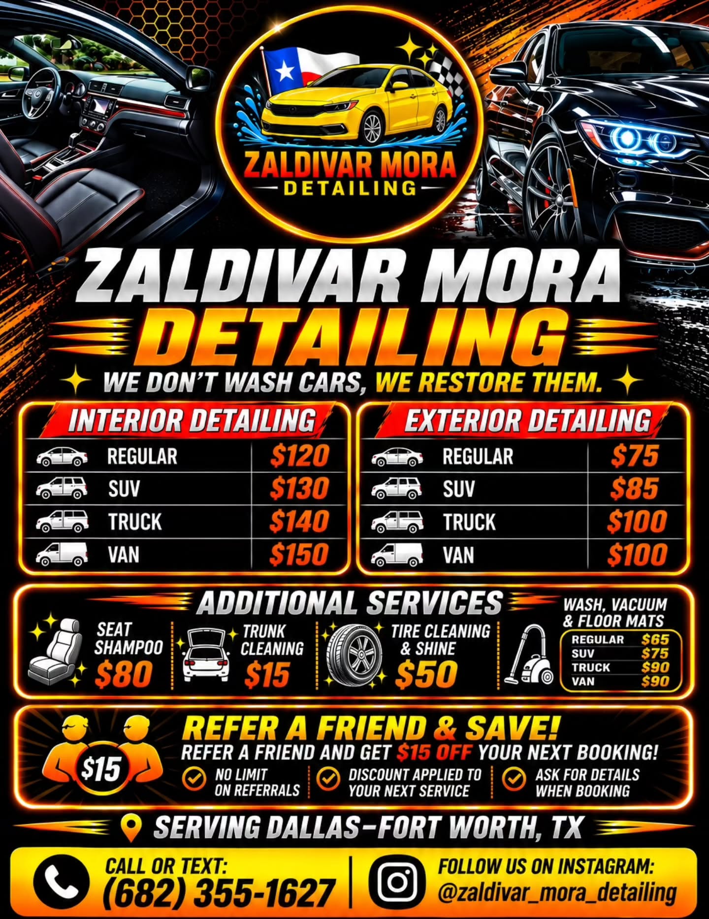 Zaldivar Mora Detailing service poster featuring detailed black and yellow cars